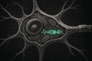 Cross-section neuron diagram with a glowing teal battery-charge motif representing phosphocreatine recharging ATP — creatine cognition
