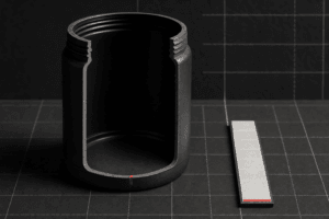 A cold clinical supplement tub cut open to reveal near-empty space beside a near-flat data bar — testosterone booster evidence audit