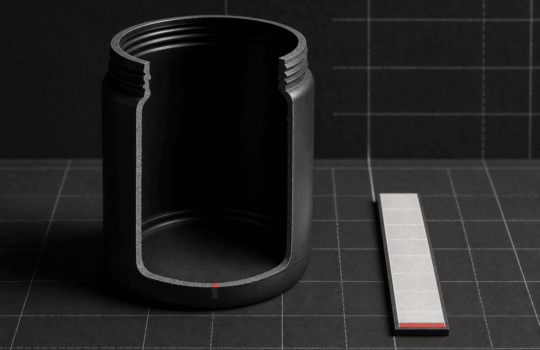 A cold clinical supplement tub cut open to reveal near-empty space beside a near-flat data bar — testosterone booster evidence audit